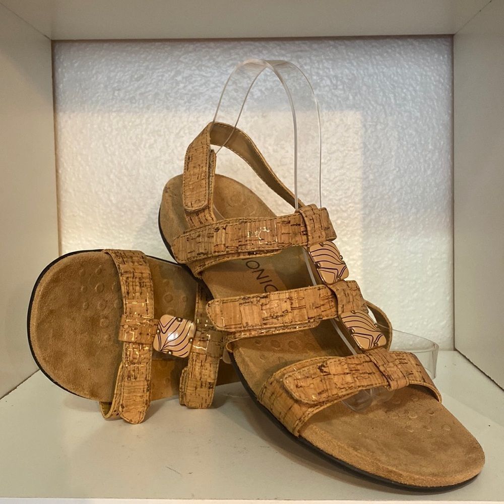 Vionic Amber Womens Comfort Adjustable Straps Cork Tan Open Toe Flat Sandals